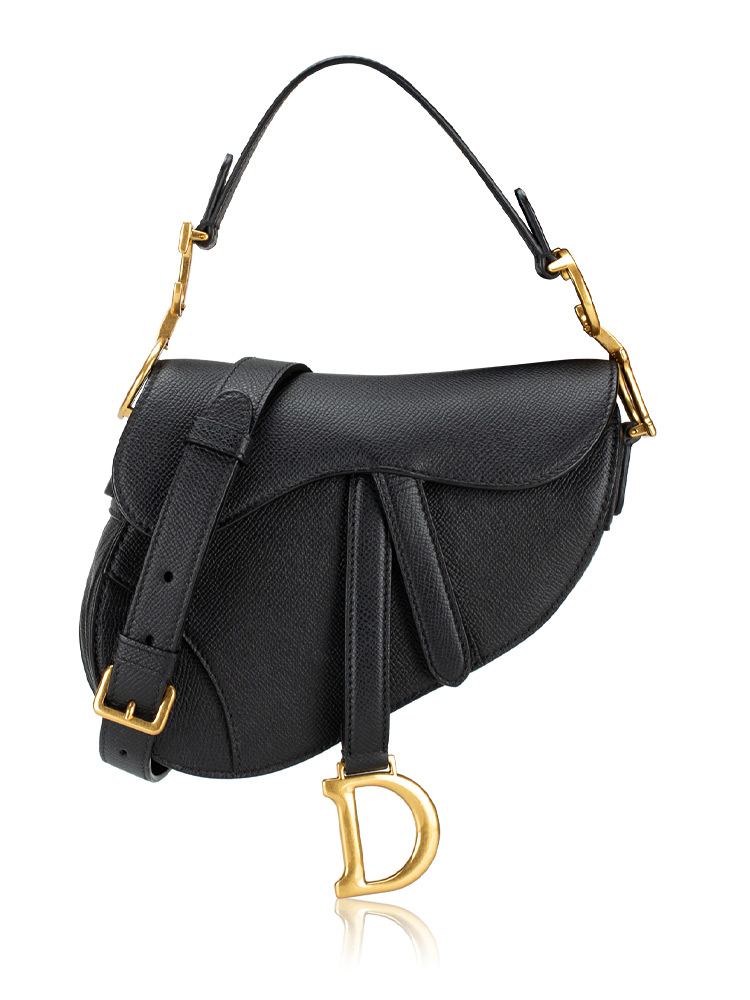 Grained Calfskin Mini Saddle Bag with Strap Black