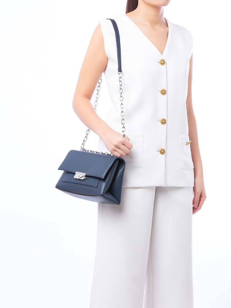 Cece Leather Medium Shoulder Bag Navy