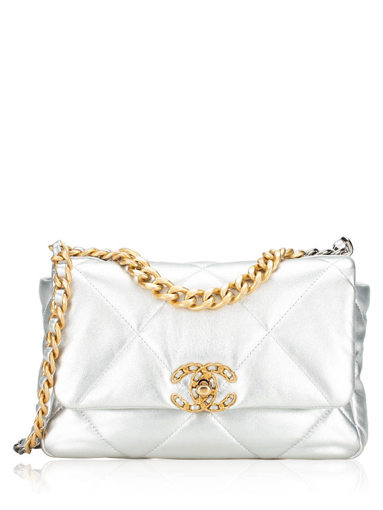 Metallic Lambskin Medium Chanel 19 Flap Bag Silver
