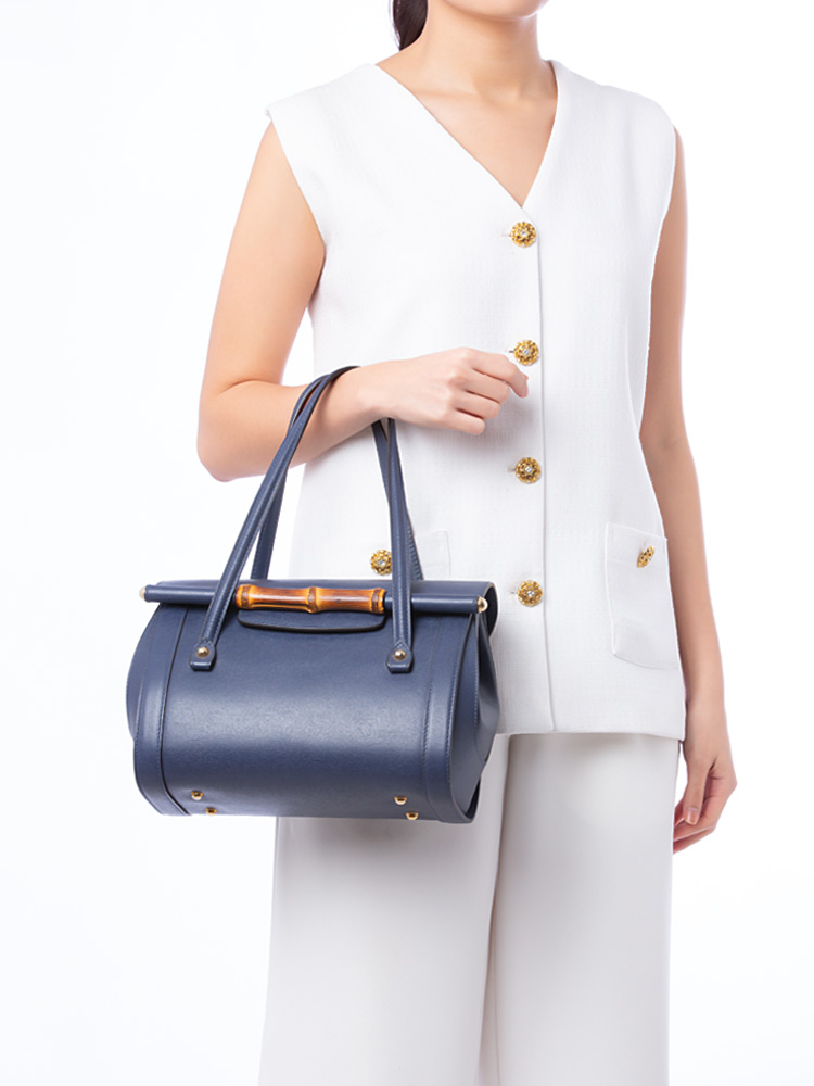Calfskin Bamboo Bullet Top Handle Bag Uniform Blue