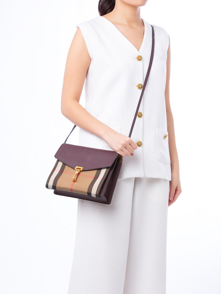 Calfskin House Check Macken Small Crossbody Mahogany Red