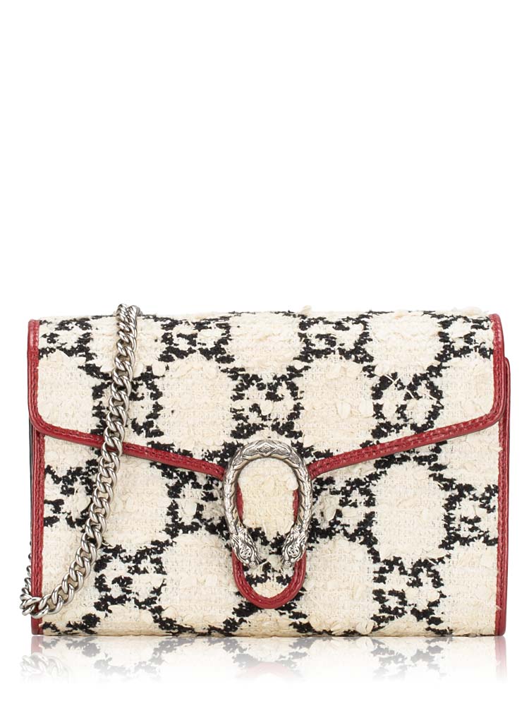 Tweed GG Dionysus Mini Chain Wallet White Black Romantic Cherry
