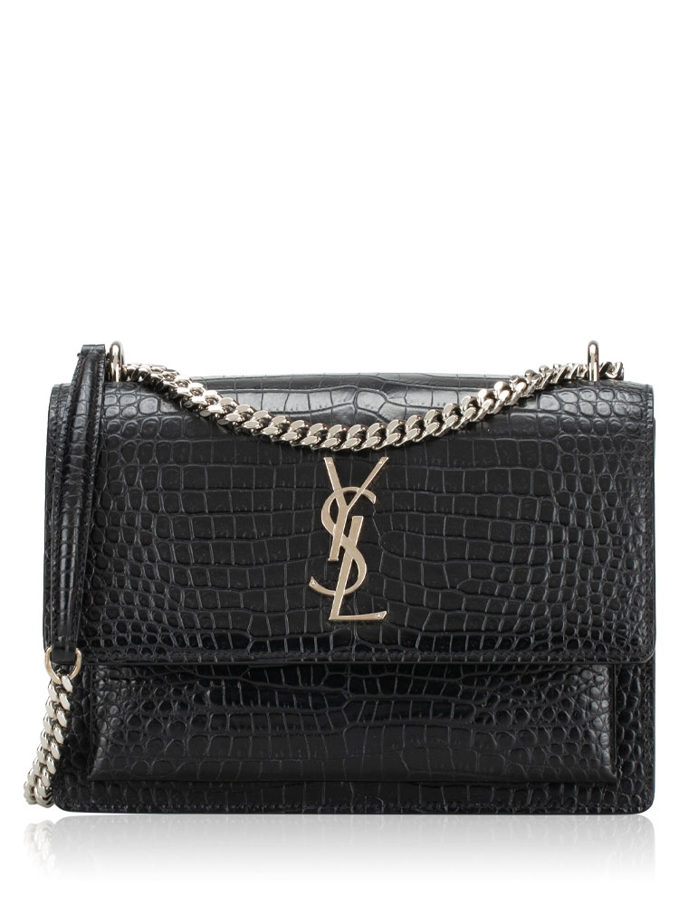 Croco Embossed Monogram Sunset Medium Shoulder Bag Black