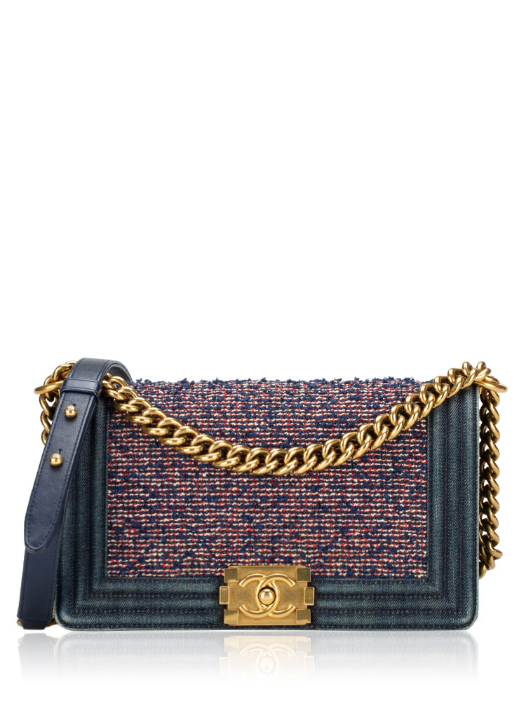 Tweed Denim Medium Boy Flap Bag Navy