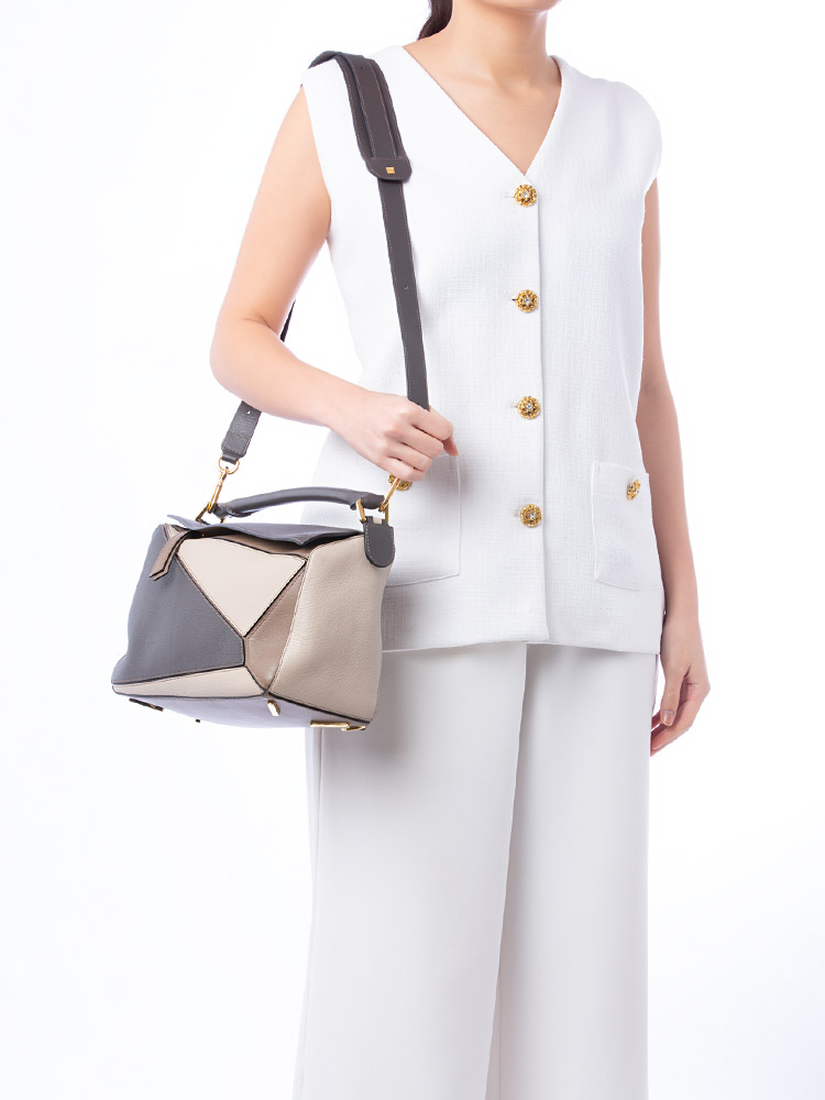Calfskin Tricolor Medium Puzzle Bag Dark Taupe