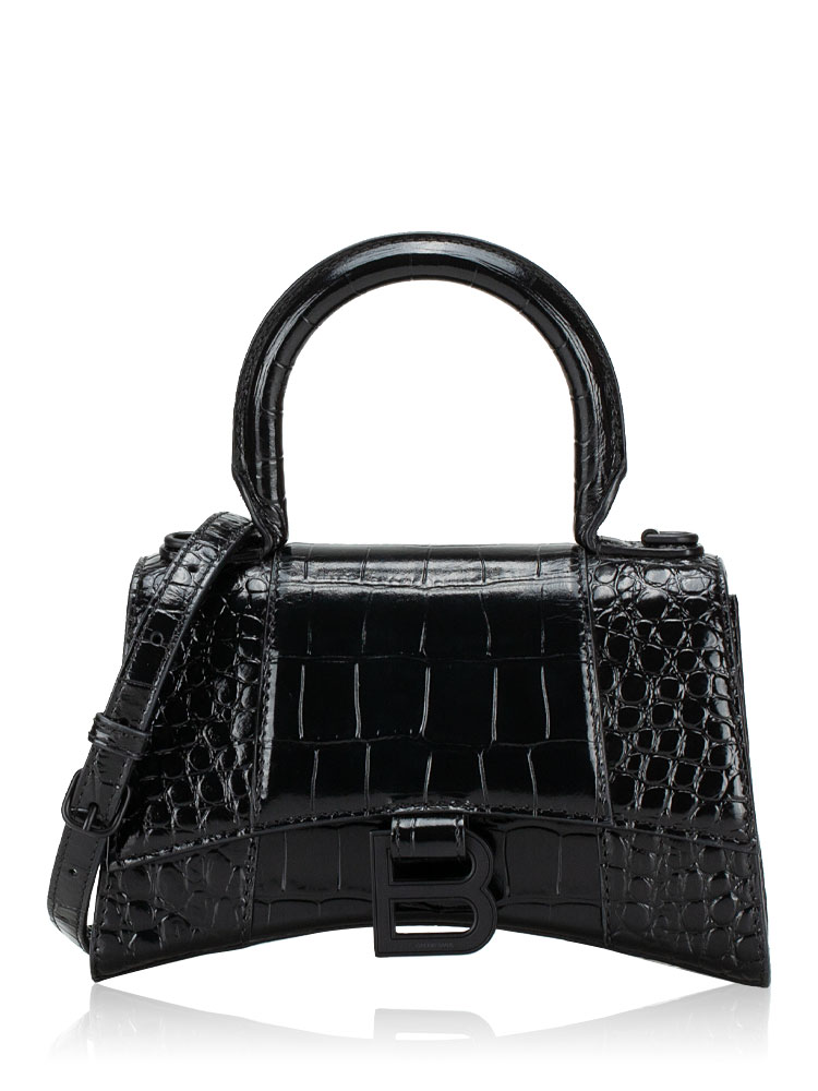 Shiny Calfskin Croco Effect Hourglass XS Top Handle Bag Black