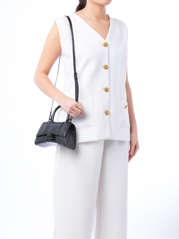 Shiny Calfskin Croco Effect Hourglass XS Top Handle Bag Black