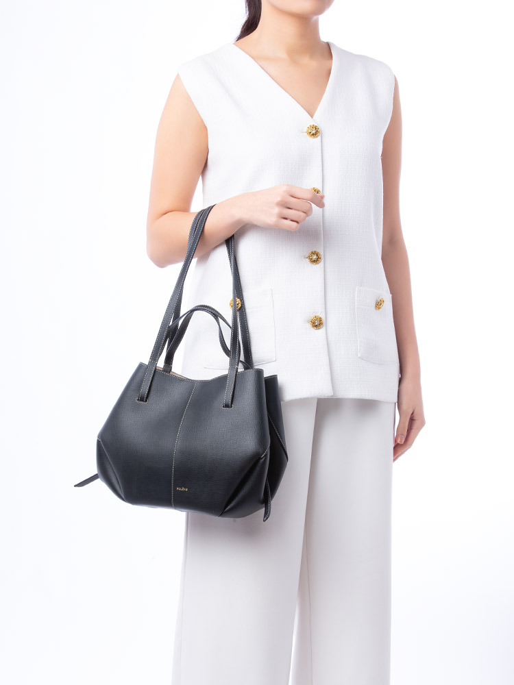 Textured Calfskin Cyme Mini Tote Black Ecru