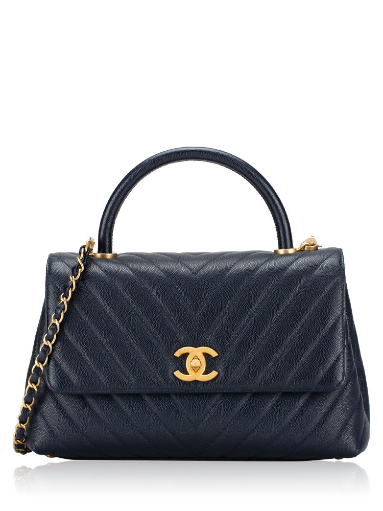 Caviar Chevron Small Coco Handle Flap Bag Navy