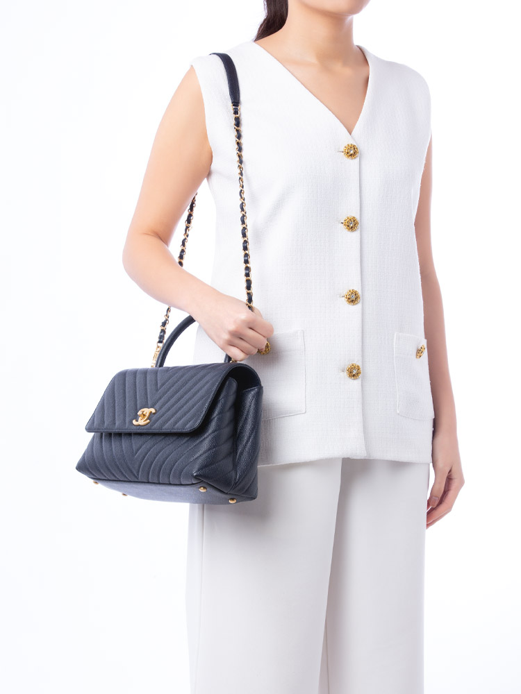 Caviar Chevron Small Coco Handle Flap Bag Navy