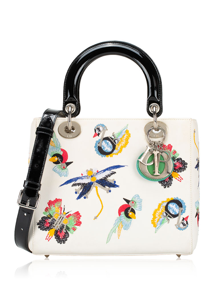 Smooth Calfskin Embroidered Medium Lady Dior White Multicolor