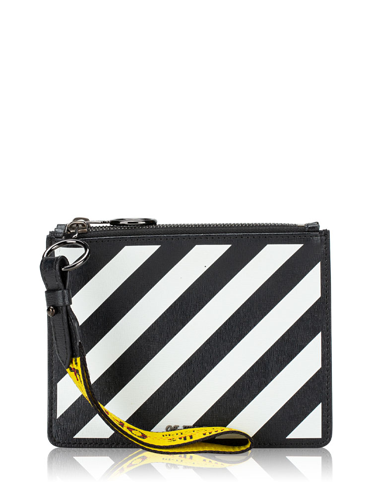 Saffiano Striped Diag Flat Pouch Black White