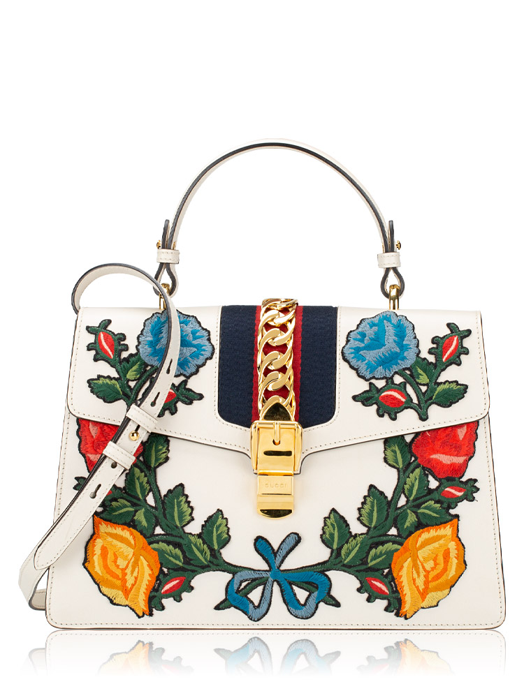 Calfskin Floral Sylvie Medium Top Handle Bag Off White