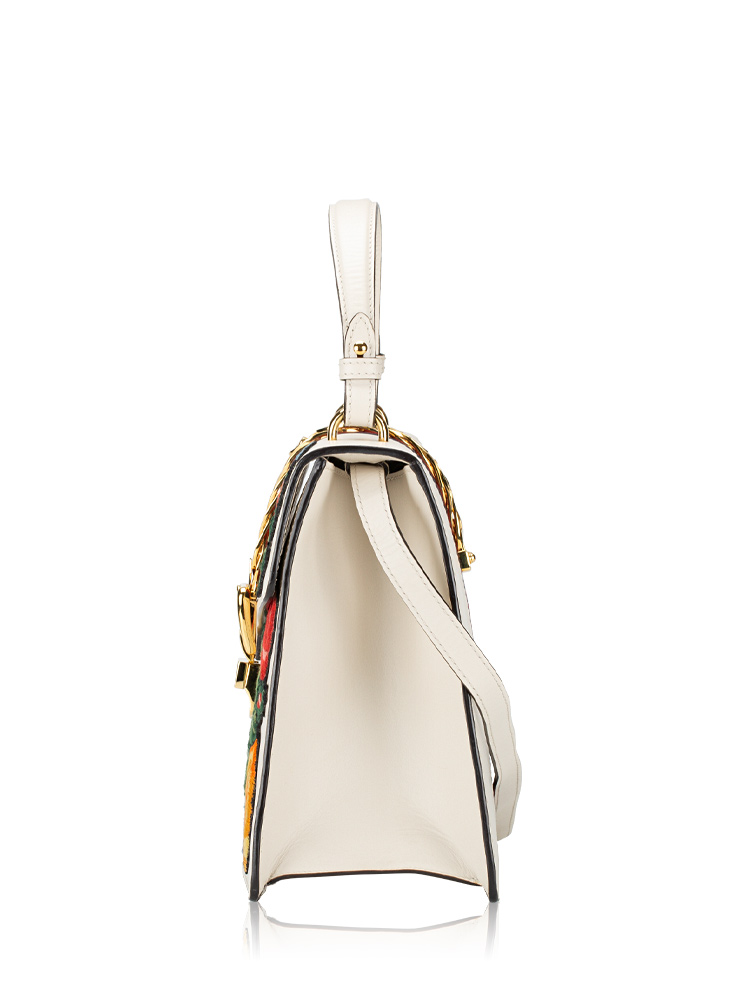 Calfskin Floral Sylvie Medium Top Handle Bag Off White