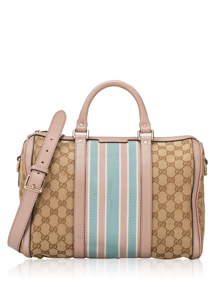 GG Canvas Vintage Web Medium Boston Bag with Strap Pink Blue