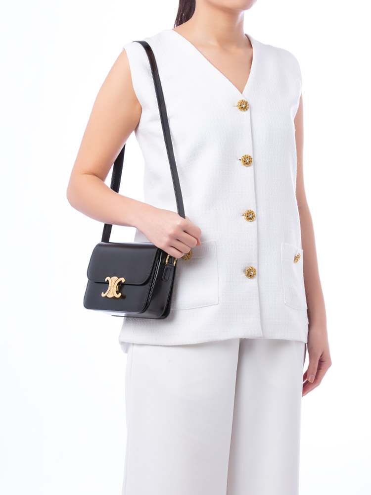 Shiny Calfskin Triomphe Teen Shoulder Bag Black