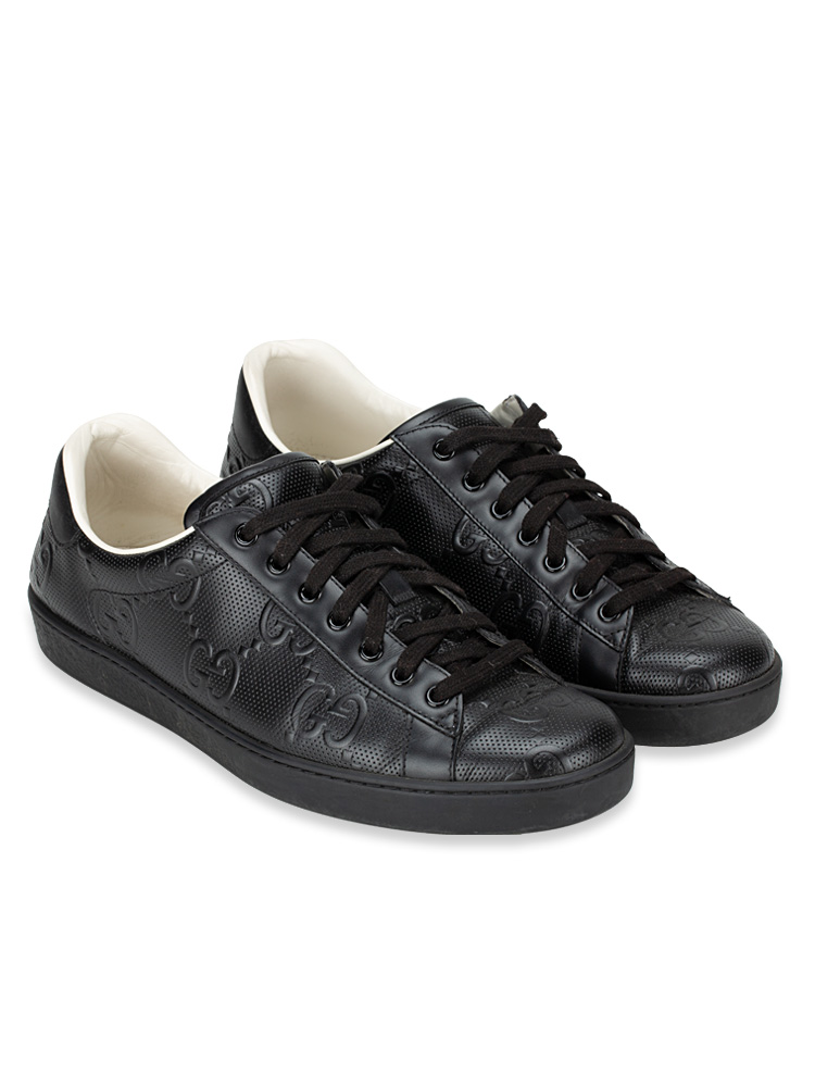 Men GG Calfskin Embossed Tennis Ace Sneakers Black Sz 9