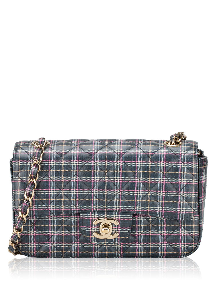 Calfskin Plaid Printed Mini Single Flap Bag Navy Multicolor