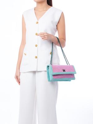 Tweed Two Tone East West Flap Bag Pink Turqouise