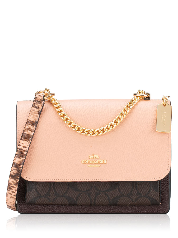 C7589 Signature Snake Embossed Klare Crossbody Brown Shell Pink
