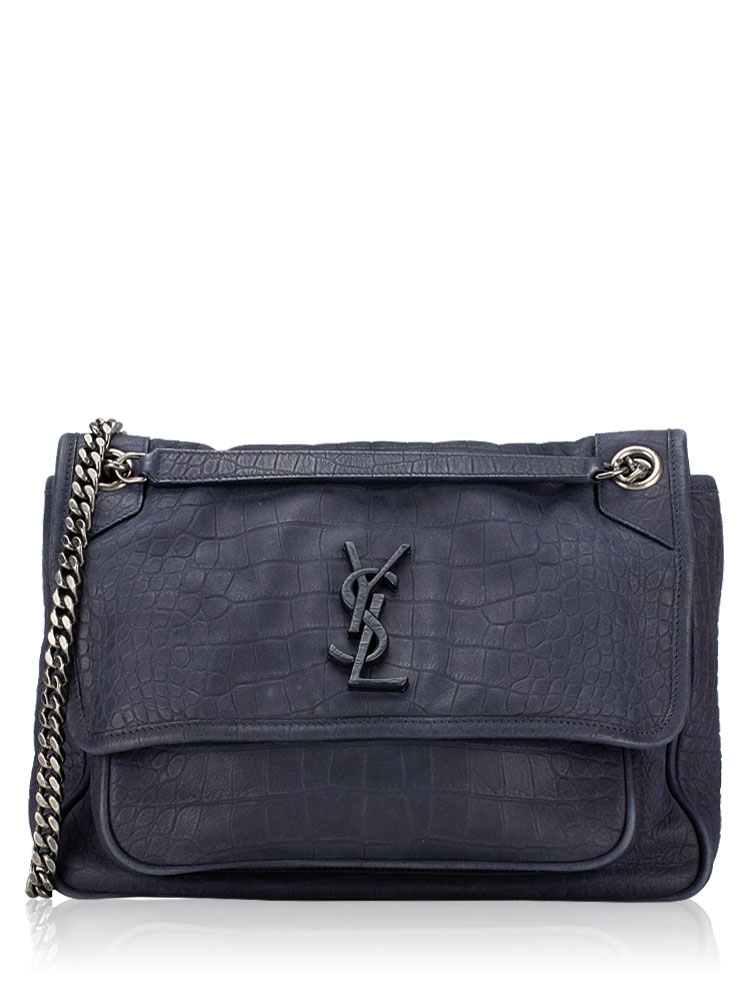 Croco Embossed Nubuck Monogram Niki Medium Shoulder Bag Navy