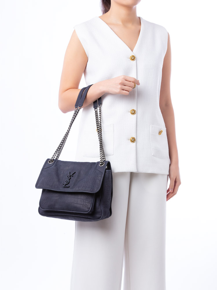 Croco Embossed Nubuck Monogram Niki Medium Shoulder Bag Navy