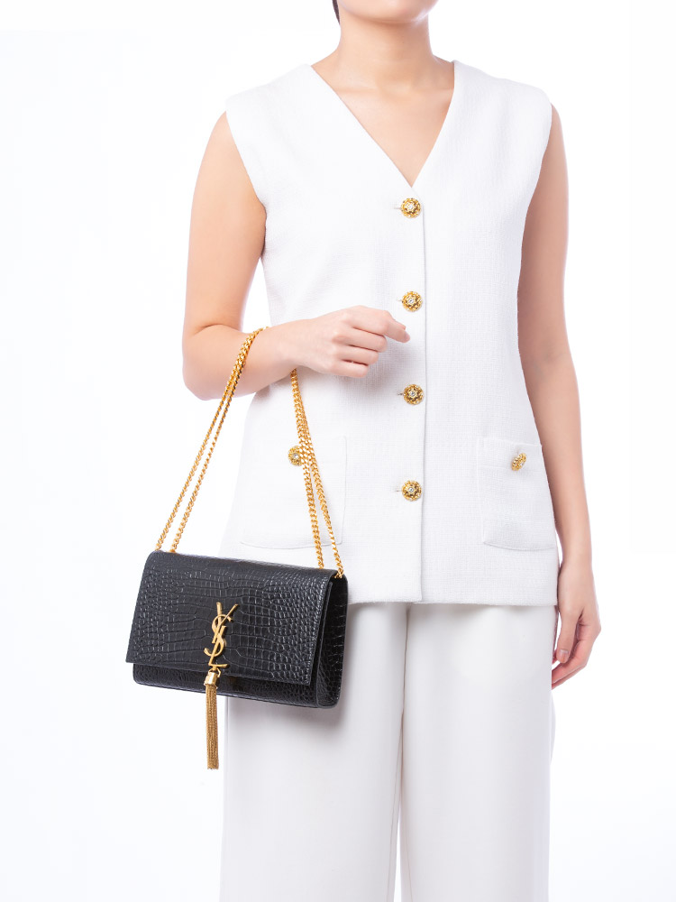 Croco Effect Monogram Kate Tassel Medium Shoulder Bag Black