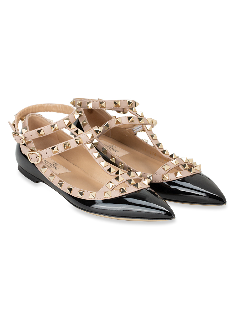 Patent Rockstud Cage Ballerina Flats Black Poudre Sz 36