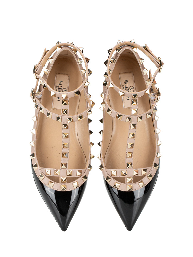 Patent Rockstud Cage Ballerina Flats Black Poudre Sz 36