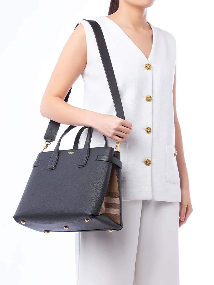 Grainy Calfskin House Check Banner Medium Tote Black