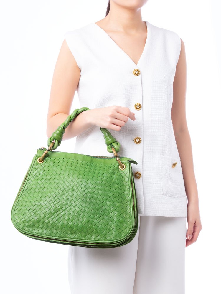 Nappa Intrecciato Braided Zip Hobo Green