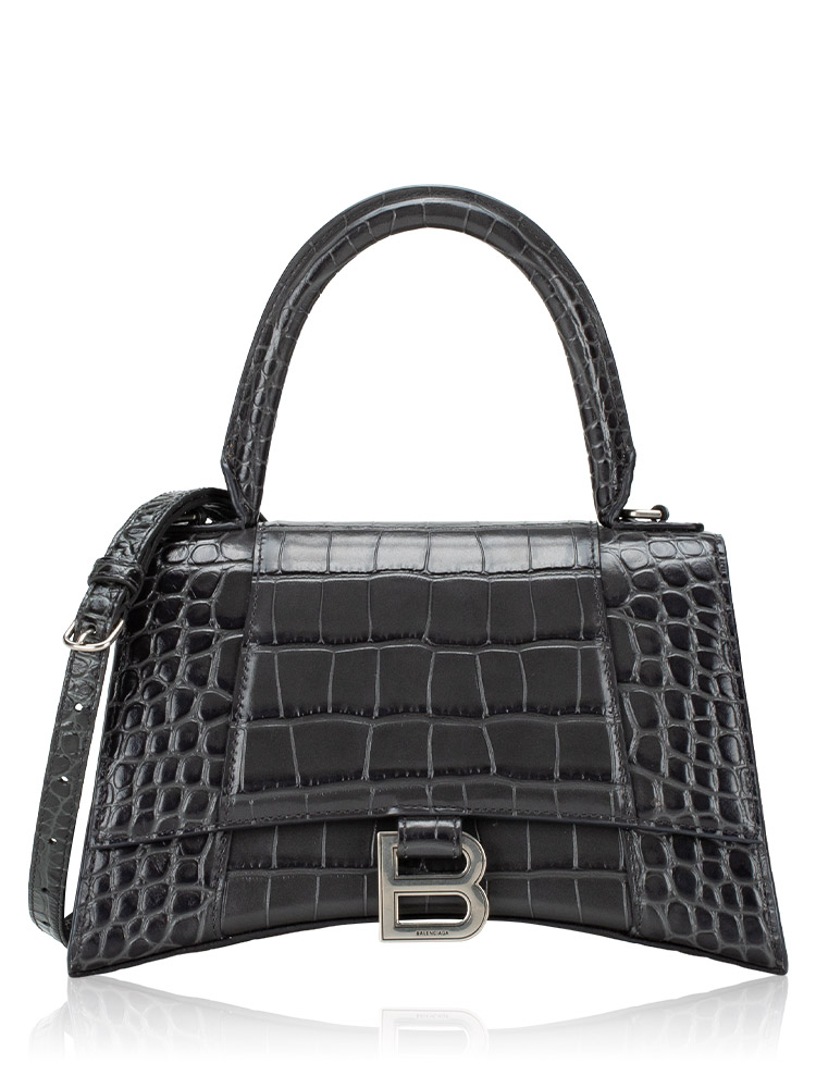 Shiny Calfskin Croco Effect Hourglass Small Top Handle Bag Grey