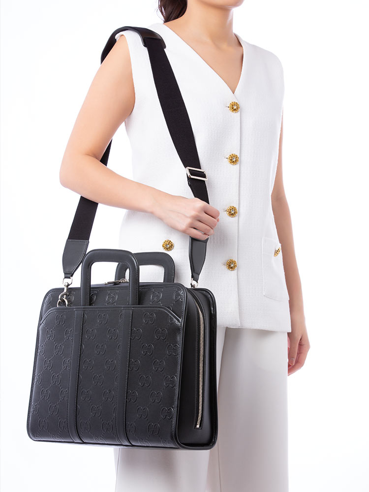 Jumbo GG Embossed Calfskin Medium Briefcase Black