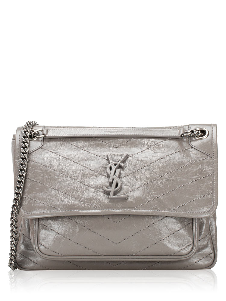 Crinkled Calfskin Matelasse Monogram Niki Medium Shoulder Bag Fog