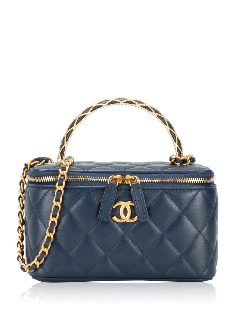 Lambskin Metal Twist Small Top Handle Vanity Case With Chain Navy