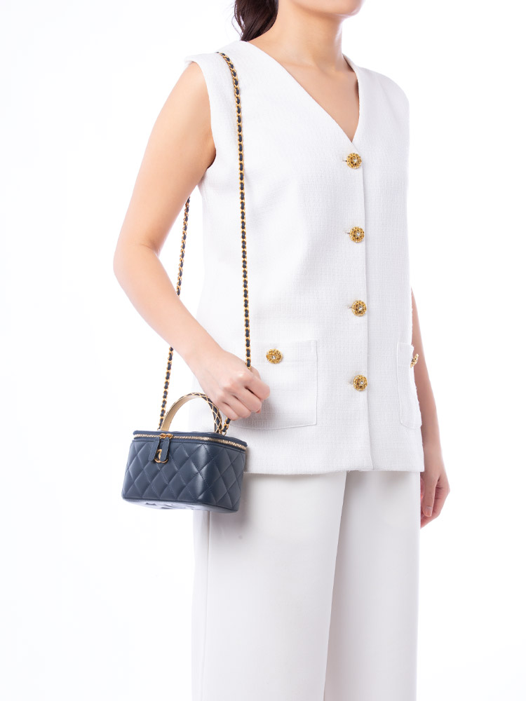 Lambskin Metal Twist Small Top Handle Vanity Case With Chain Navy