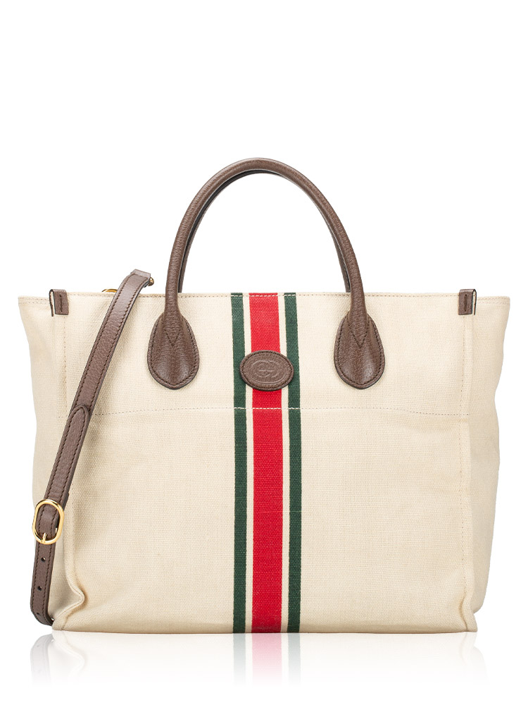 Canvas Calfskin Web Retro Interlocking G Foldable Small Tote Beige