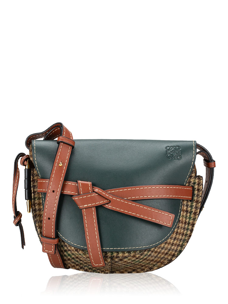 Smooth Calfskin Tweed Gate Small Crossbody Dark Green Multicolor