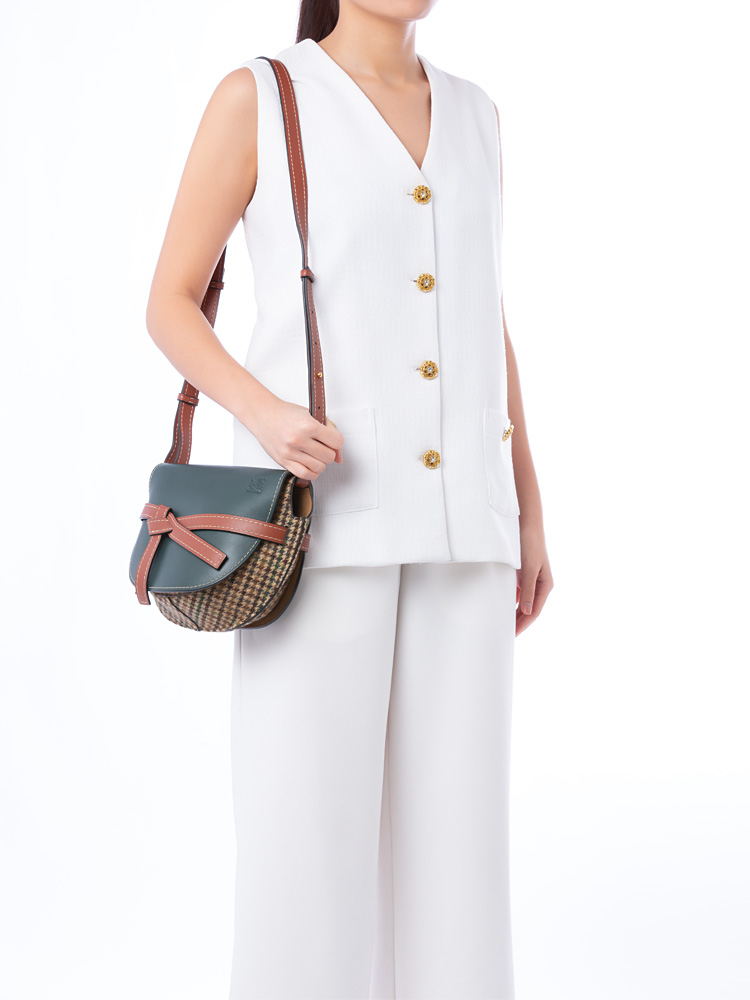 Smooth Calfskin Tweed Gate Small Crossbody Dark Green Multicolor