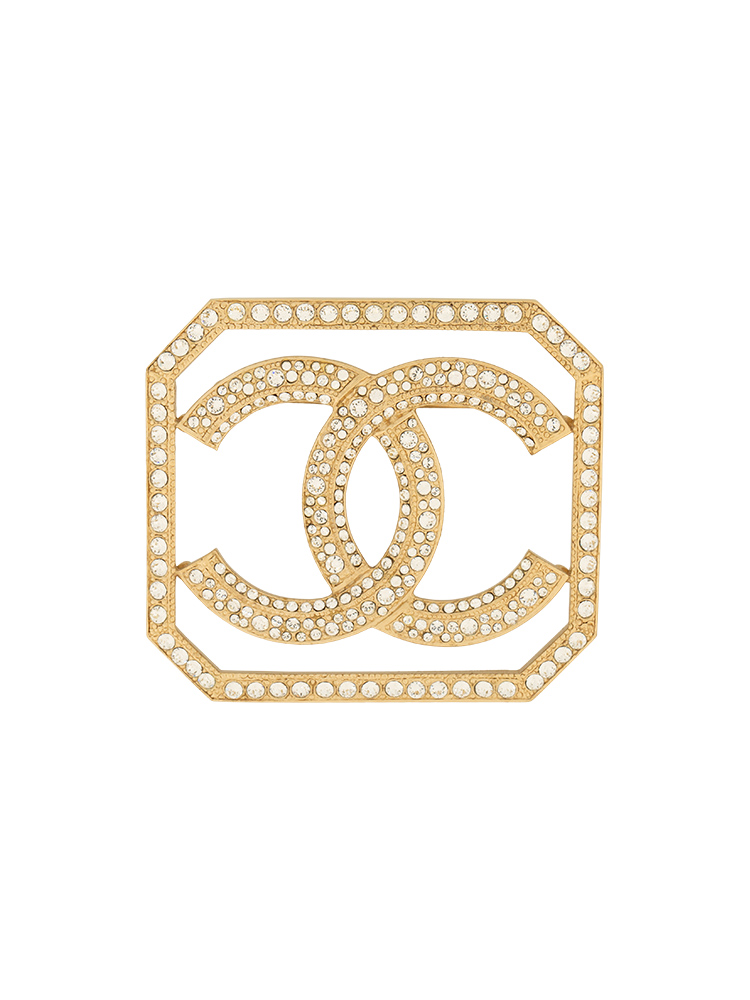 Vintage Crystal CC Square Brooch Gold