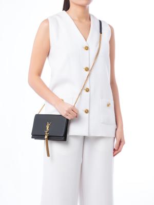 Smooth Calfskin Monogram Kate Tassel Chain Wallet Black