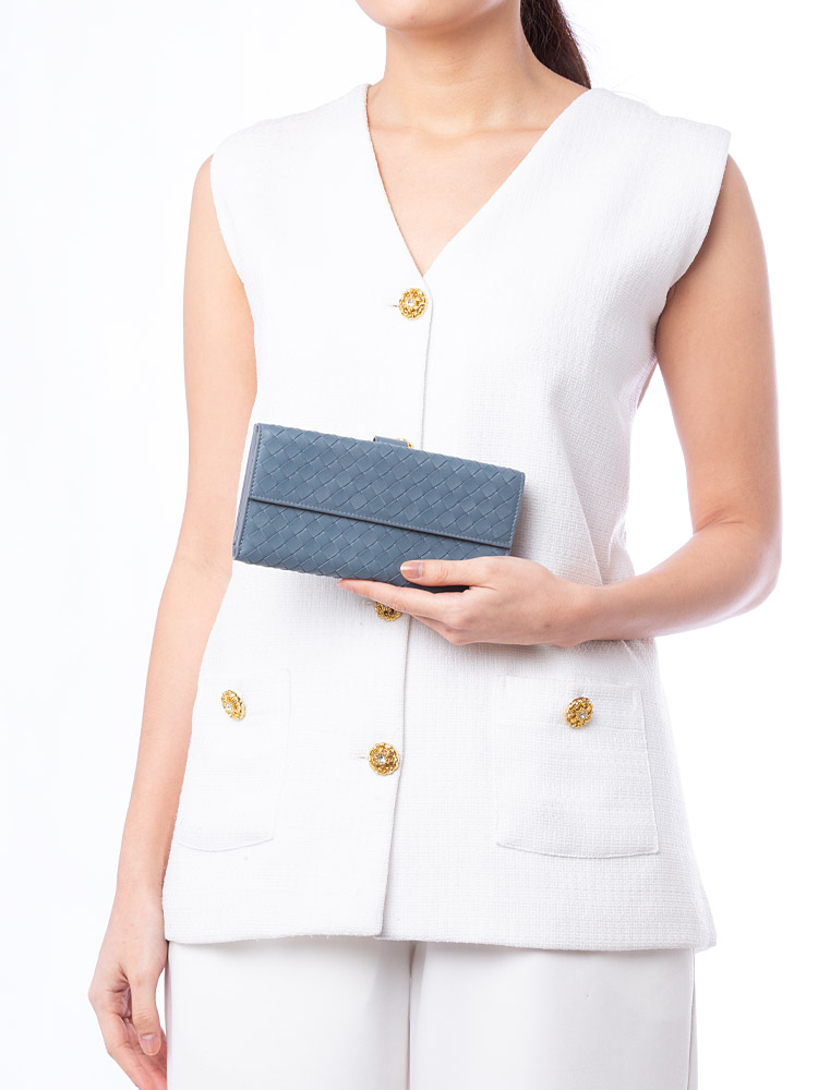 Nappa Intrecciato Continental Flap Wallet Grey