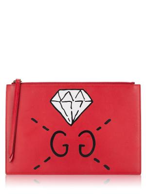 Calfskin GucciGhost Diamond Zip Pouch Hibiscus Red