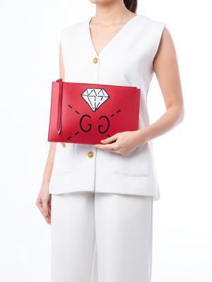 Calfskin GucciGhost Diamond Zip Pouch Hibiscus Red