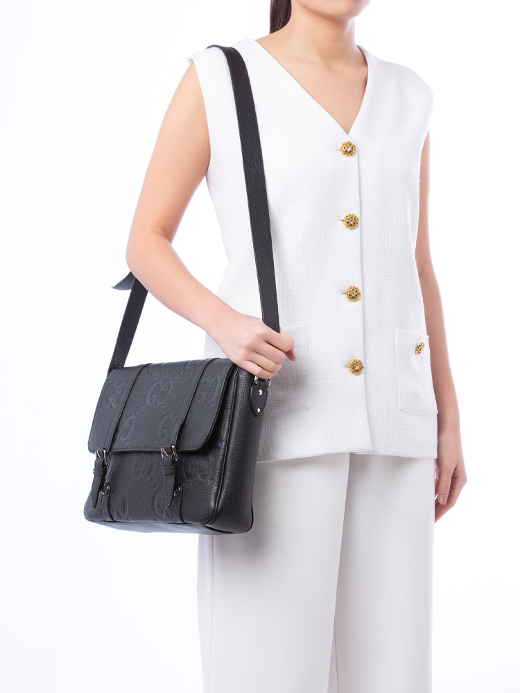 Calfskin Jumbo GG Embossed Medium Messenger Black
