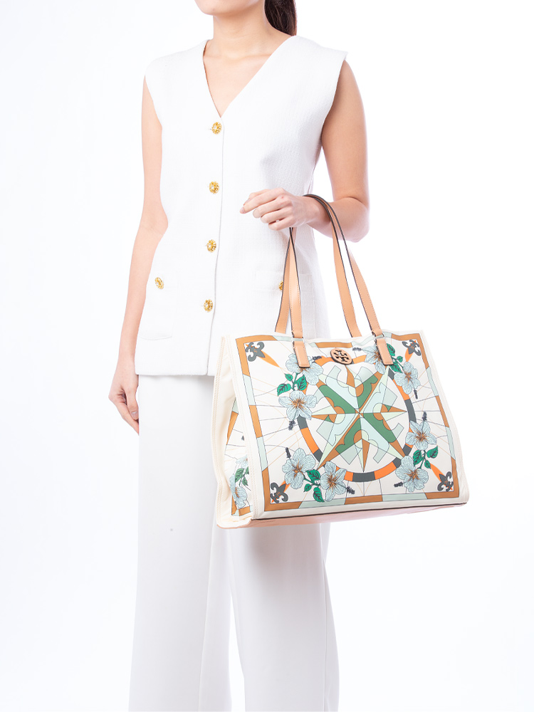 Ella Nylon Printed Tote French Cream Floral Compass