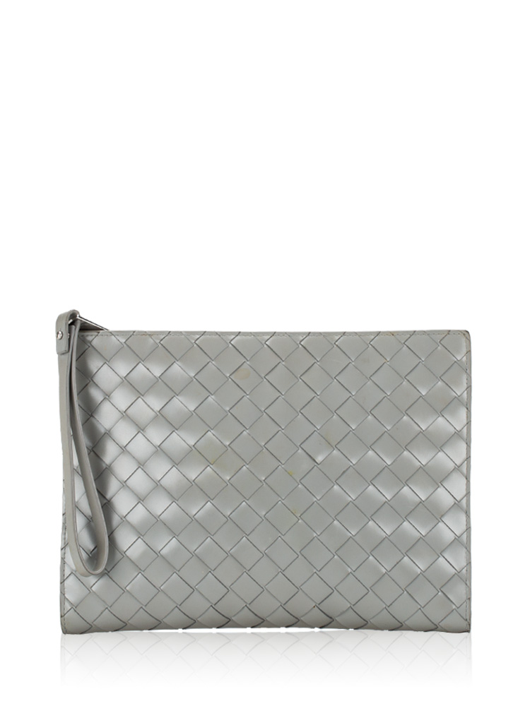 Calfskin Intrecciato Zip Flat Pouch Grey