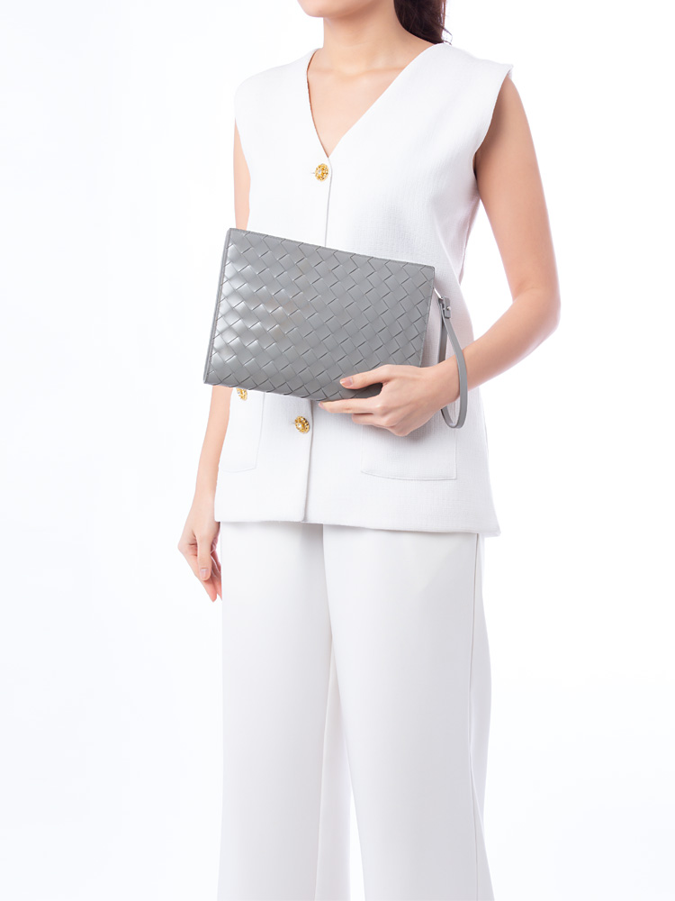 Calfskin Intrecciato Zip Flat Pouch Grey