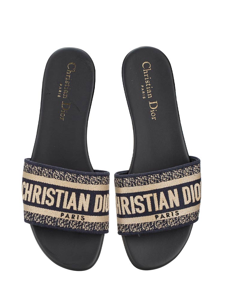 Canvas Embroidered Dway Slide Sandals Deep Blue Sz 36