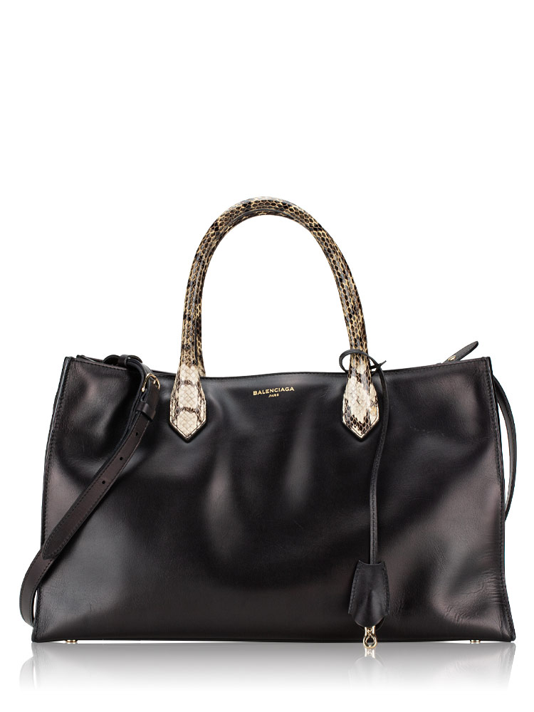 Snakeskin Trim Padlock Work Small Top Handle Tote Black